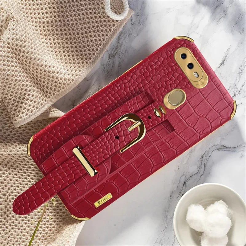 Wristband Kickstand Phone Case for Oppo A7 , Crocodile Texture Electroplating Leather Coated TPU Cover - Red