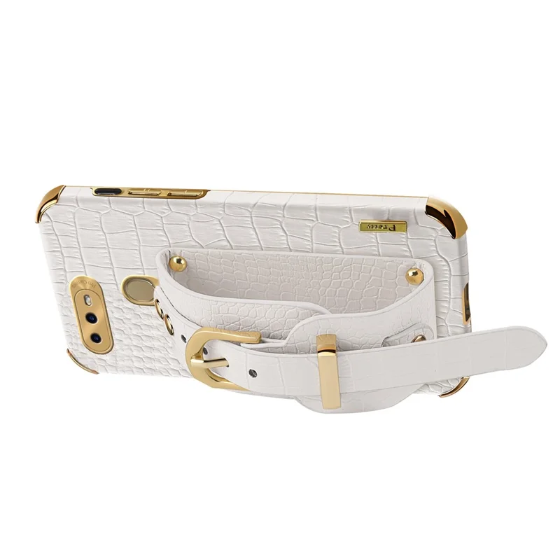 Wristband Kickstand Phone Case for Oppo A7 , Crocodile Texture Electroplating Leather Coated TPU Cover - Red