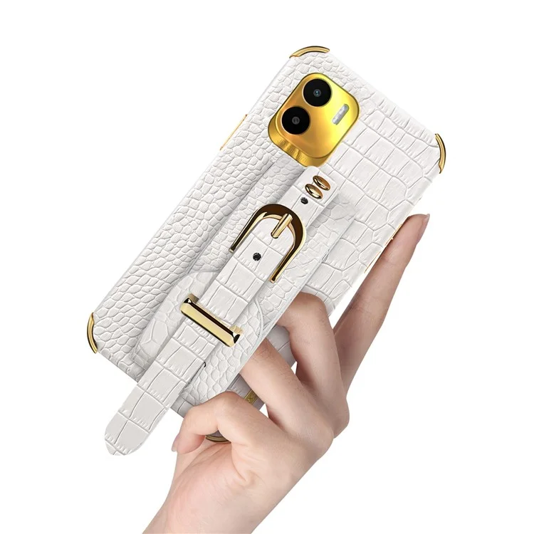 For Xiaomi Redmi A1 4G / A2 4G Wristband Kickstand PU Leather Coated TPU Case Electroplating Phone Cover - White