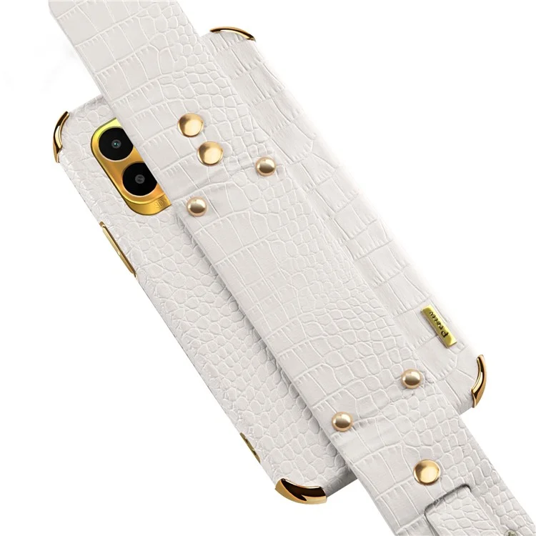 For Xiaomi Redmi A1 4G / A2 4G Wristband Kickstand PU Leather Coated TPU Case Electroplating Phone Cover - White