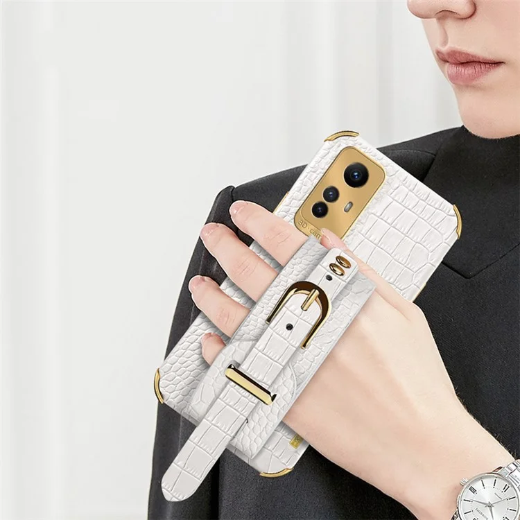 Para Xiaomi Redmi Note 12S 4G Capa de Telefone Eletroplatada Pulseira Suporte Couro Revestido Caso TPU - Branco