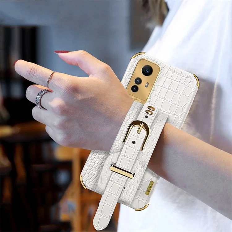 Para Xiaomi Redmi Note 12S 4G Capa de Telefone Eletroplatada Pulseira Suporte Couro Revestido Caso TPU - Branco