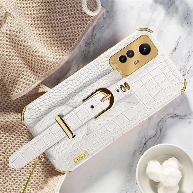 Para Xiaomi Redmi Note 12S 4G Capa de Telefone Eletroplatada Pulseira Suporte Couro Revestido Caso TPU - Branco