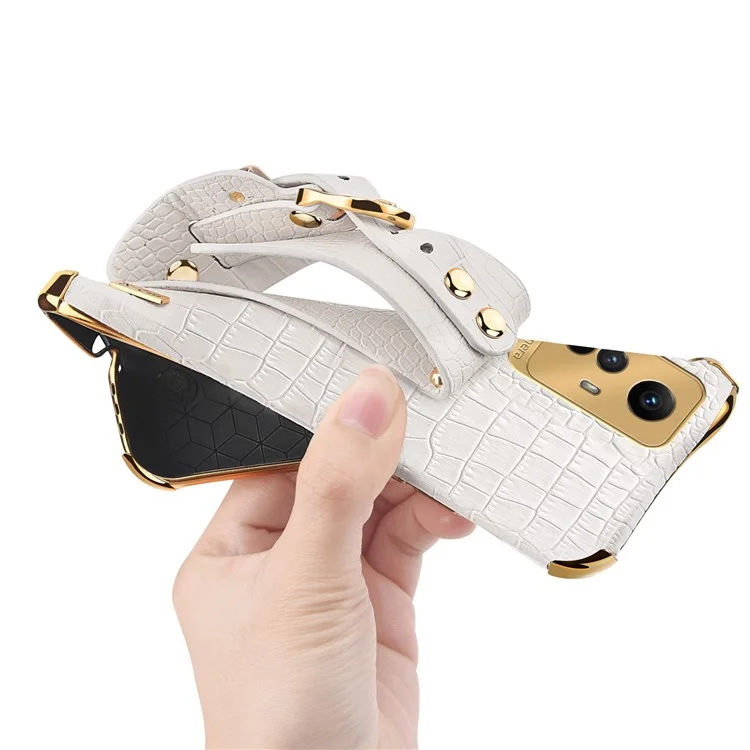 Para Xiaomi Redmi Note 12S 4G Capa de Telefone Eletroplatada Pulseira Suporte Couro Revestido Caso TPU - Branco