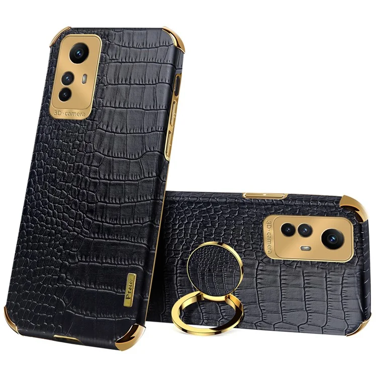 For Xiaomi Redmi Note 12S 4G Crocodile Texture Kickstand Phone Case 6D Electroplated PU Leather + TPU Cover - Black