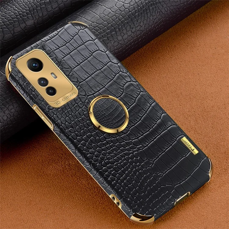 For Xiaomi Redmi Note 12S 4G Crocodile Texture Kickstand Phone Case 6D Electroplated PU Leather + TPU Cover - Black