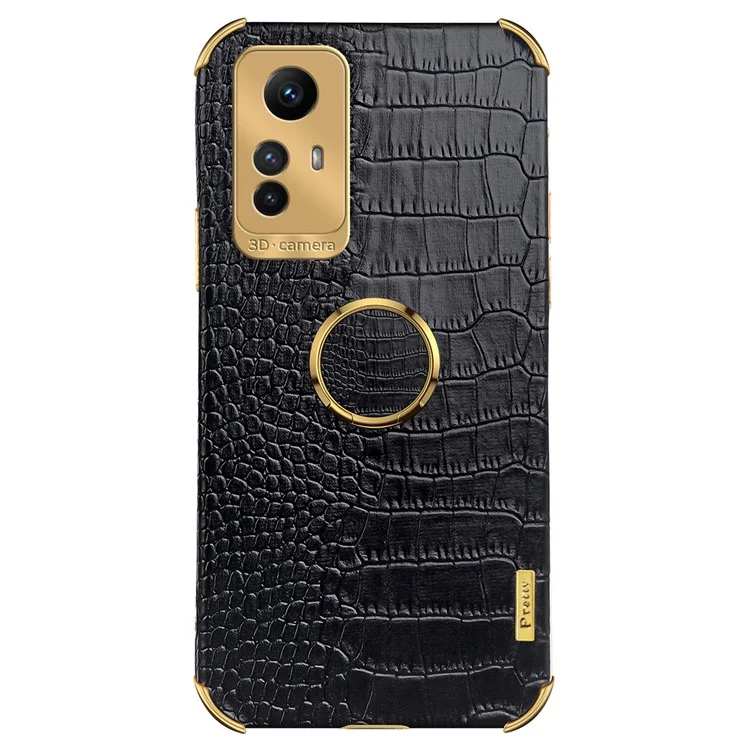 For Xiaomi Redmi Note 12S 4G Crocodile Texture Kickstand Phone Case 6D Electroplated PU Leather + TPU Cover - Black