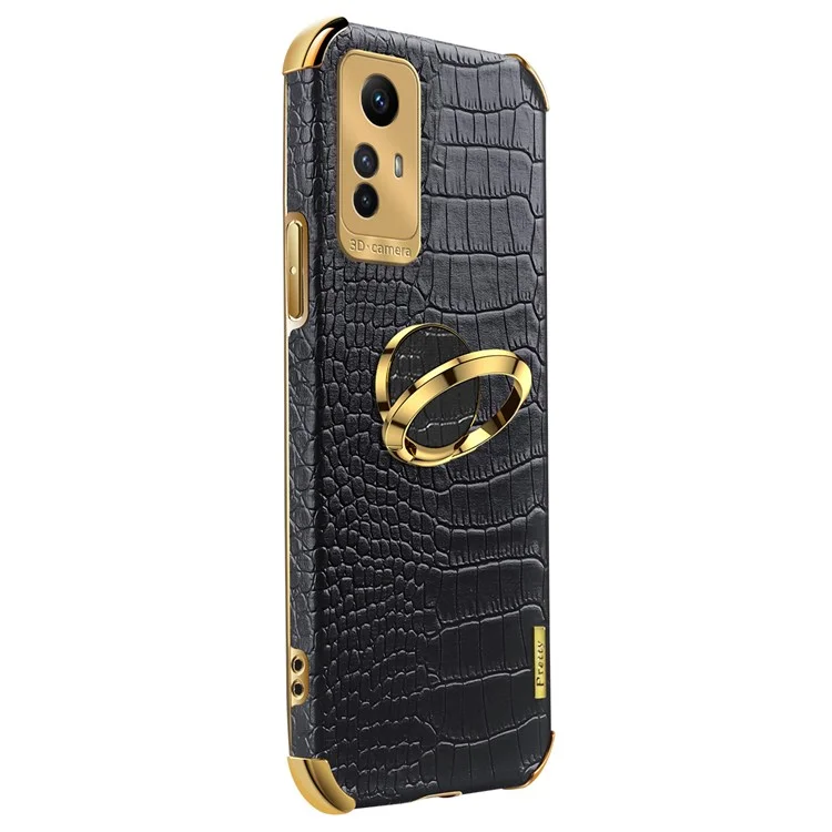 For Xiaomi Redmi Note 12S 4G Crocodile Texture Kickstand Phone Case 6D Electroplated PU Leather + TPU Cover - Black