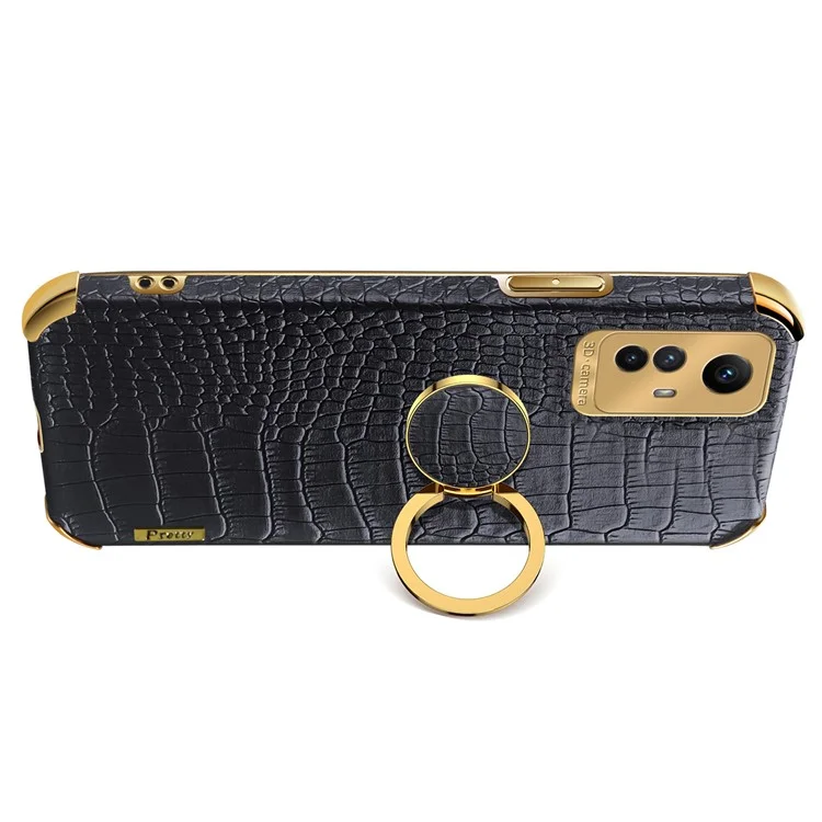 For Xiaomi Redmi Note 12S 4G Crocodile Texture Kickstand Phone Case 6D Electroplated PU Leather + TPU Cover - Black