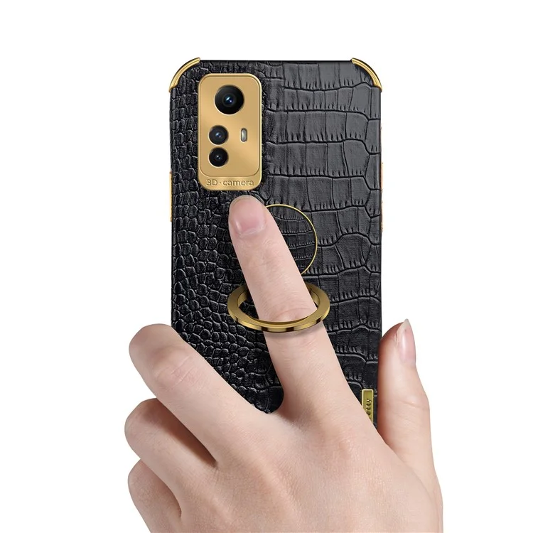 For Xiaomi Redmi Note 12S 4G Crocodile Texture Kickstand Phone Case 6D Electroplated PU Leather + TPU Cover - Black