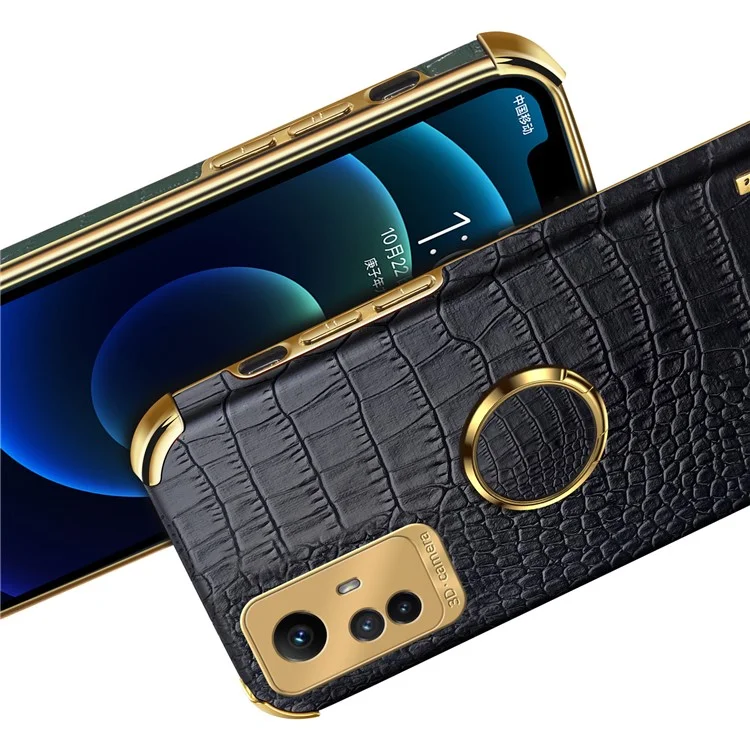 For Xiaomi Redmi Note 12S 4G Crocodile Texture Kickstand Phone Case 6D Electroplated PU Leather + TPU Cover - Black