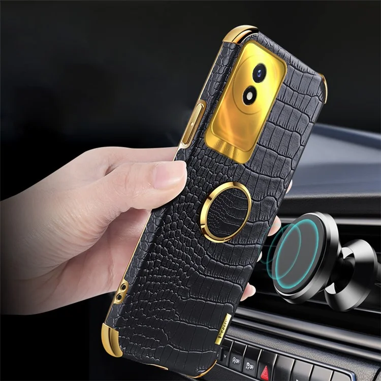 For vivo Y02 4G Leather Coated TPU Phone Case Ring Kickstand 6D Electroplated Back Cover - Black