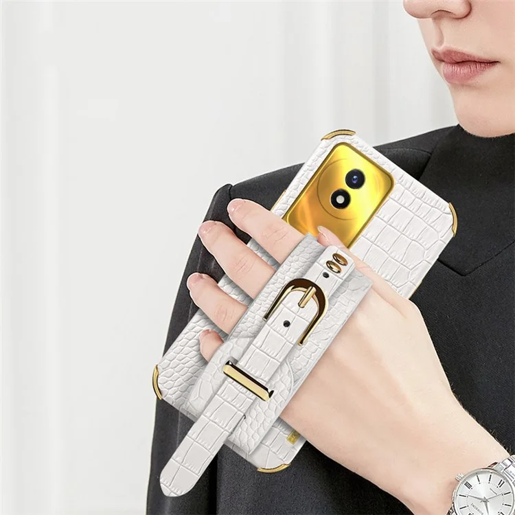 Wristband Kickstand Electroplating Case for vivo Y02 4G , PU Leather Coated TPU Phone Cover - White