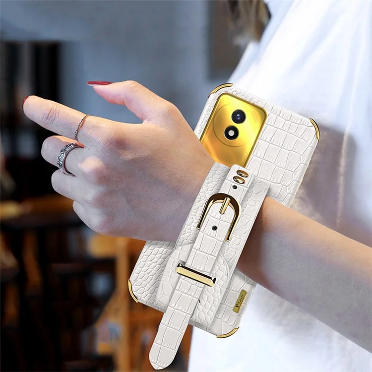 Wristband Kickstand Electroplating Case for vivo Y02 4G , PU Leather Coated TPU Phone Cover - White