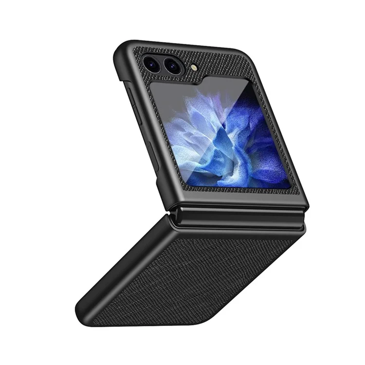 Pour Samsung Galaxy Z Flip5 5G Cross Texture Phone Case Rubberized PU Leather Hard PC Phone Cover - Noir