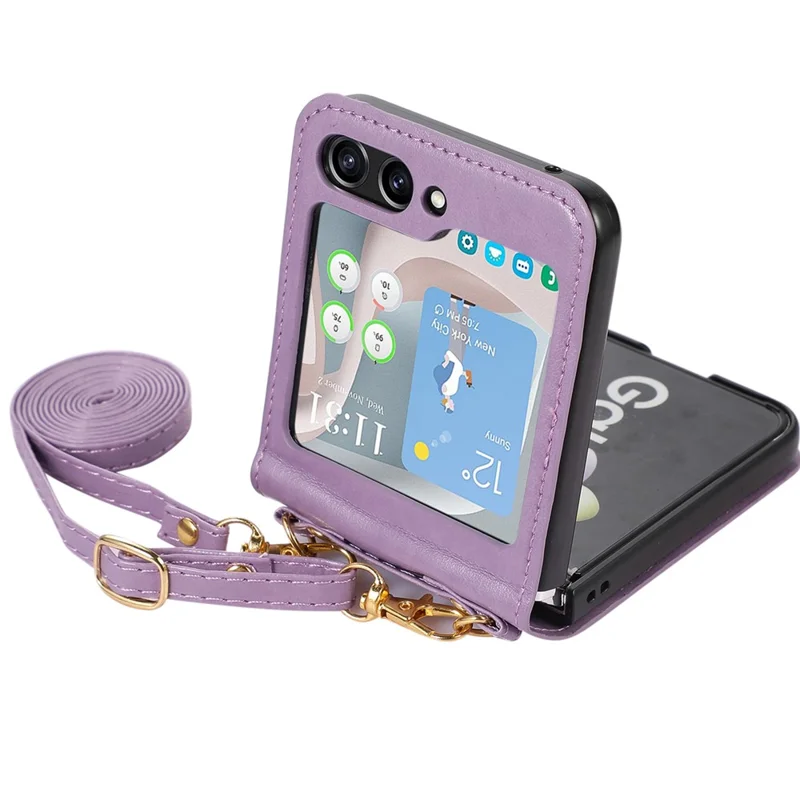 For Samsung Galaxy Z Flip5 5G PU Leather PC Phone Case Anti-Drop Protective Cover with Shoulder Strap - Purple