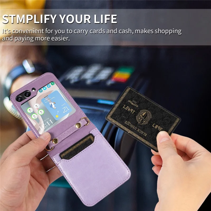 For Samsung Galaxy Z Flip5 5G PU Leather PC Phone Case Anti-Drop Protective Cover with Shoulder Strap - Purple