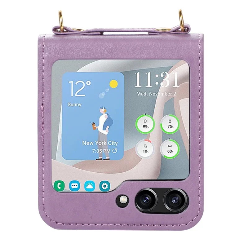 For Samsung Galaxy Z Flip5 5G PU Leather PC Phone Case Anti-Drop Protective Cover with Shoulder Strap - Purple