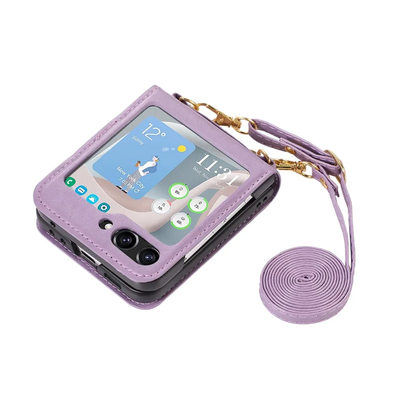 For Samsung Galaxy Z Flip5 5G PU Leather PC Phone Case Anti-Drop Protective Cover with Shoulder Strap - Purple