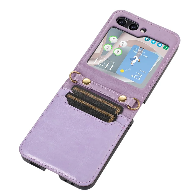 For Samsung Galaxy Z Flip5 5G PU Leather PC Phone Case Anti-Drop Protective Cover with Shoulder Strap - Purple
