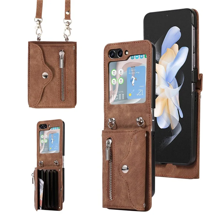 Pour Samsung Galaxy Z Flip5 5G RFID Blocking Card Bag Case PU Leather+PC Phone Cover with Kickstand - Marron