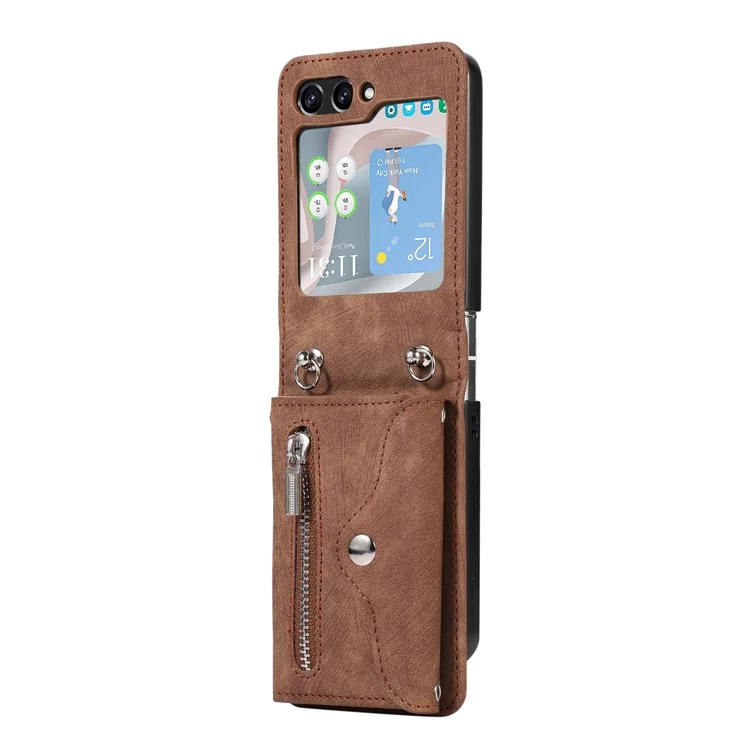 Pour Samsung Galaxy Z Flip5 5G RFID Blocking Card Bag Case PU Leather+PC Phone Cover with Kickstand - Marron