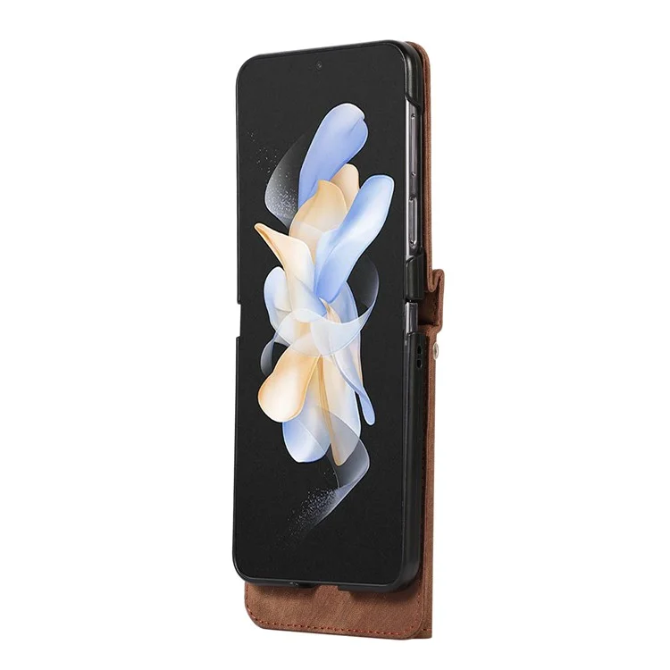 Pour Samsung Galaxy Z Flip5 5G RFID Blocking Card Bag Case PU Leather+PC Phone Cover with Kickstand - Marron