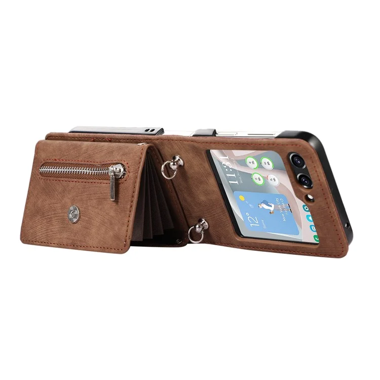 Pour Samsung Galaxy Z Flip5 5G RFID Blocking Card Bag Case PU Leather+PC Phone Cover with Kickstand - Marron