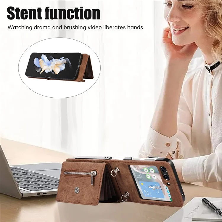 Pour Samsung Galaxy Z Flip5 5G RFID Blocking Card Bag Case PU Leather+PC Phone Cover with Kickstand - Marron
