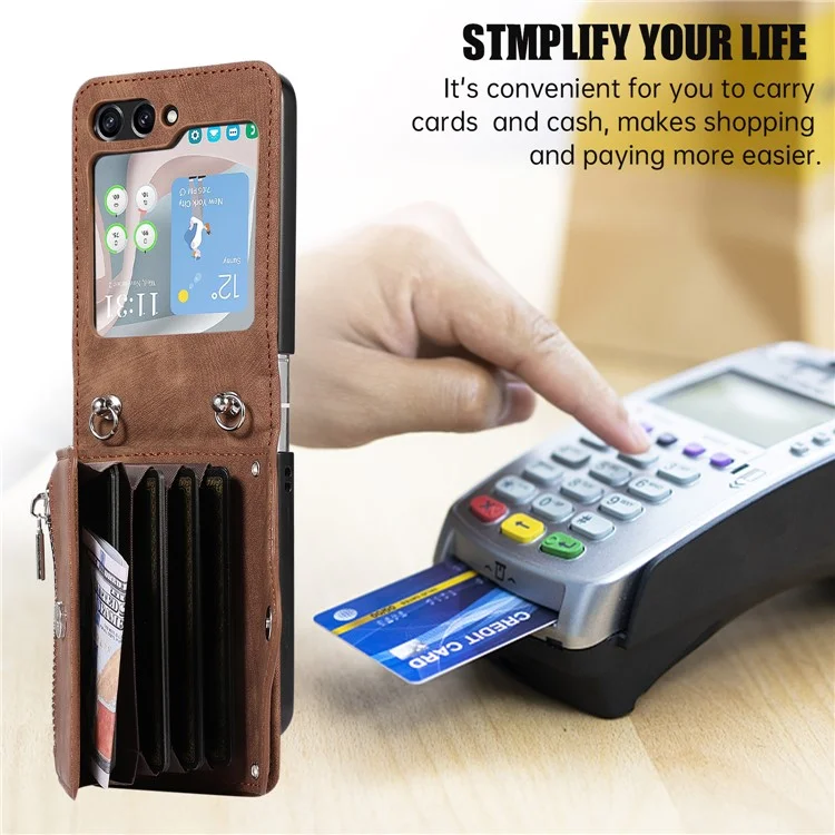 Pour Samsung Galaxy Z Flip5 5G RFID Blocking Card Bag Case PU Leather+PC Phone Cover with Kickstand - Marron