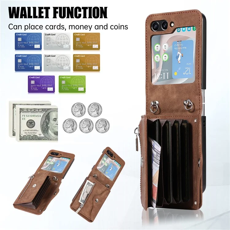 Pour Samsung Galaxy Z Flip5 5G RFID Blocking Card Bag Case PU Leather+PC Phone Cover with Kickstand - Marron