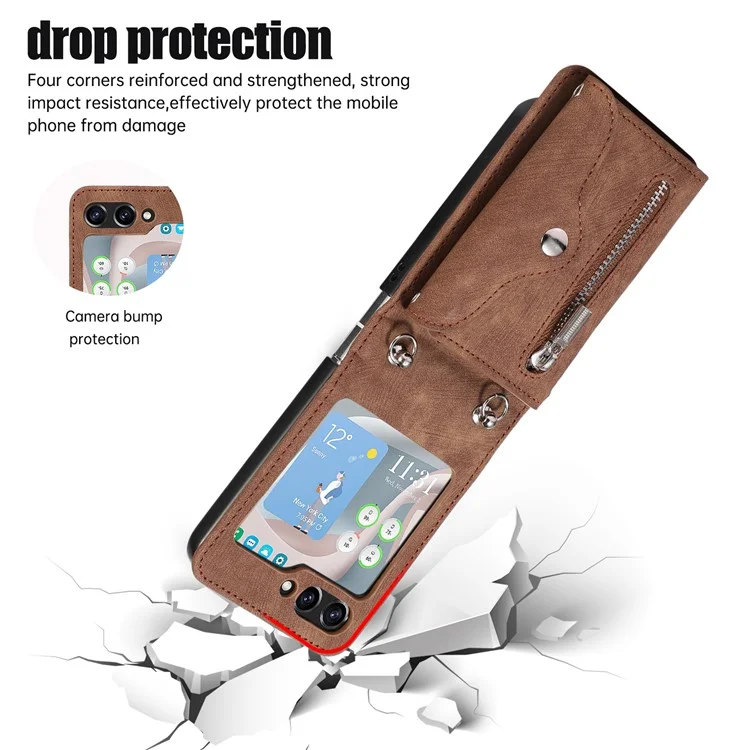 Pour Samsung Galaxy Z Flip5 5G RFID Blocking Card Bag Case PU Leather+PC Phone Cover with Kickstand - Marron