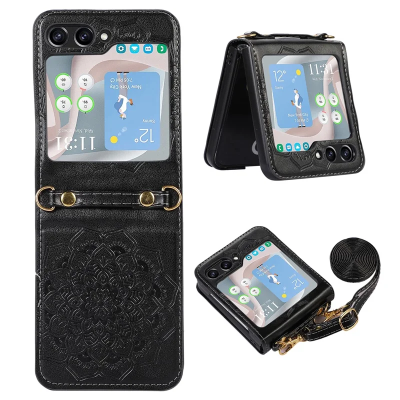 For Samsung Galaxy Z Flip5 5G Flower Imprinted Phone Case Anti-Drop PU Leather PC Cover with Shoulder Strap - Black