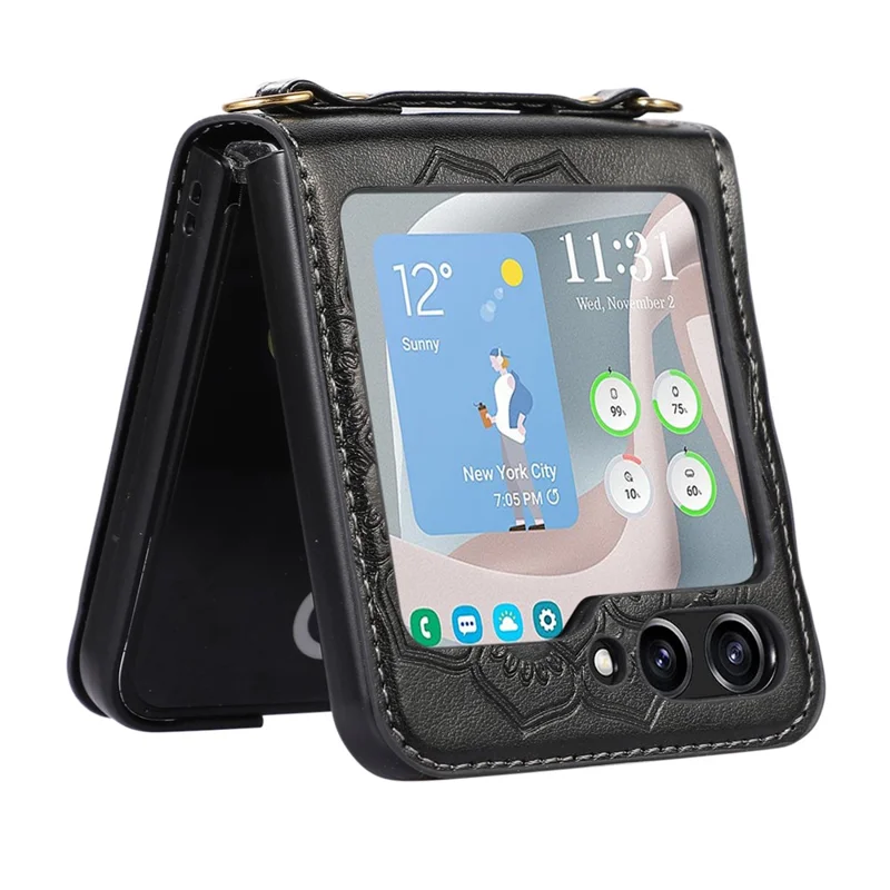For Samsung Galaxy Z Flip5 5G Flower Imprinted Phone Case Anti-Drop PU Leather PC Cover with Shoulder Strap - Black