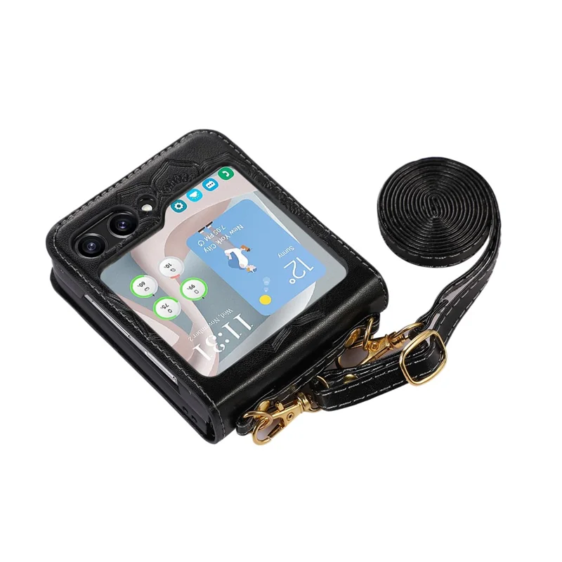 For Samsung Galaxy Z Flip5 5G Flower Imprinted Phone Case Anti-Drop PU Leather PC Cover with Shoulder Strap - Black