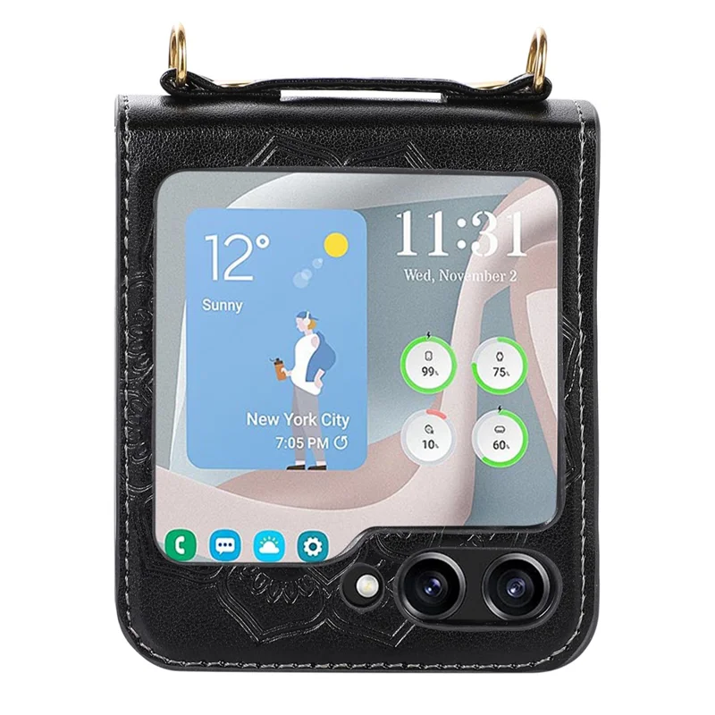 For Samsung Galaxy Z Flip5 5G Flower Imprinted Phone Case Anti-Drop PU Leather PC Cover with Shoulder Strap - Black