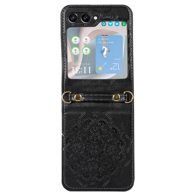For Samsung Galaxy Z Flip5 5G Flower Imprinted Phone Case Anti-Drop PU Leather PC Cover with Shoulder Strap - Black