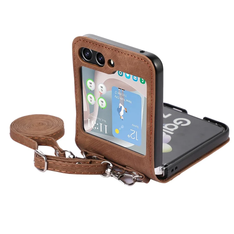 Pour Samsung Galaxy Z Flip5 5G Skin Touch Phone Case Shockproof PU Leather PC Phone Cover with Shoulder Strap - Marron