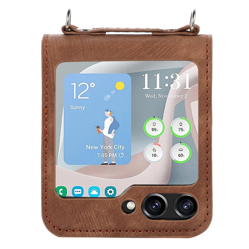 Pour Samsung Galaxy Z Flip5 5G Skin Touch Phone Case Shockproof PU Leather PC Phone Cover with Shoulder Strap - Marron