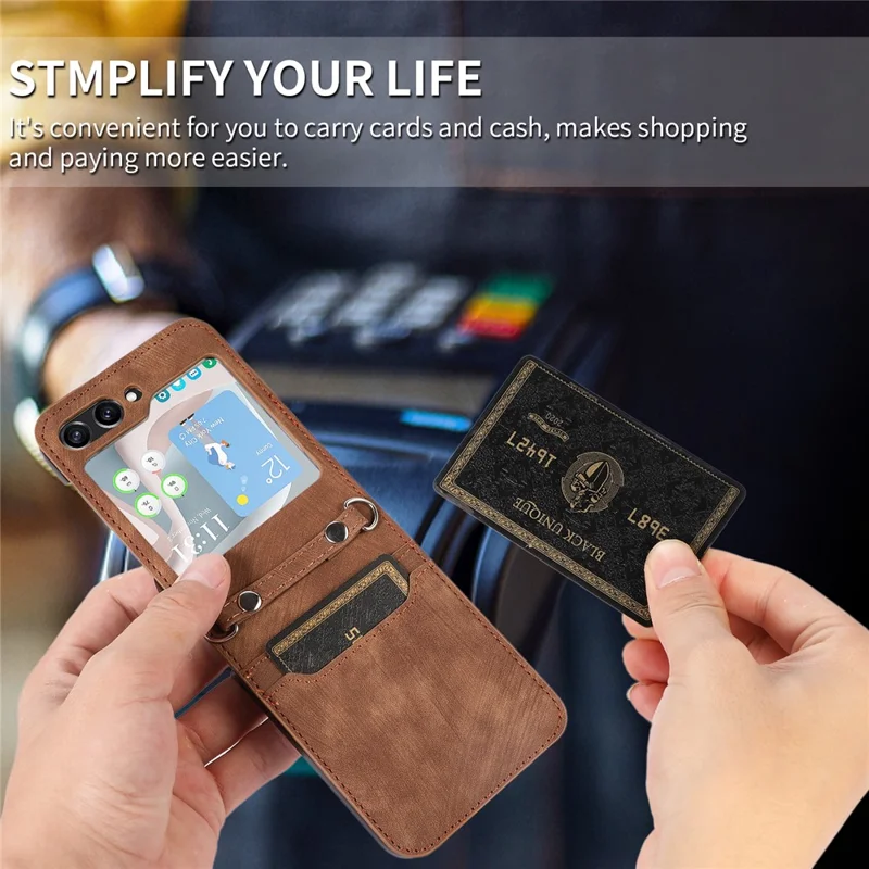Pour Samsung Galaxy Z Flip5 5G Skin Touch Phone Case Shockproof PU Leather PC Phone Cover with Shoulder Strap - Marron