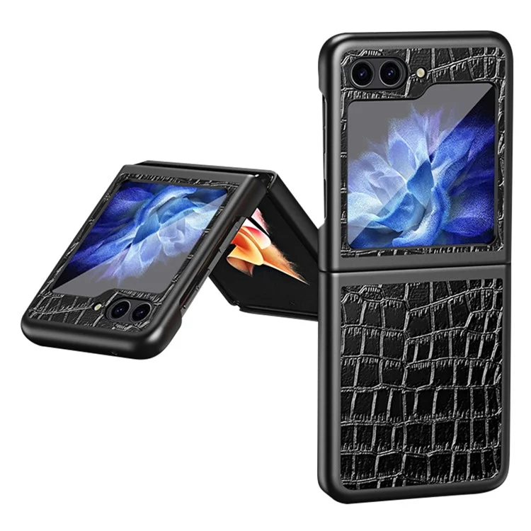 Crocodile Texture Phone Case for Samsung Galaxy Z Flip5 5G PU Leather Hard PC Phone Shell - Black