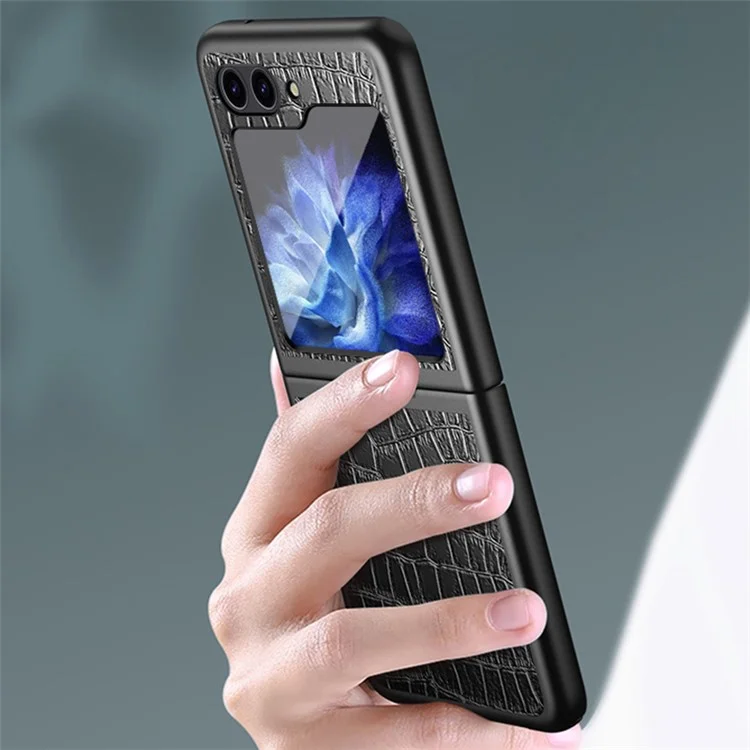 Crocodile Texture Phone Case for Samsung Galaxy Z Flip5 5G PU Leather Hard PC Phone Shell - Black