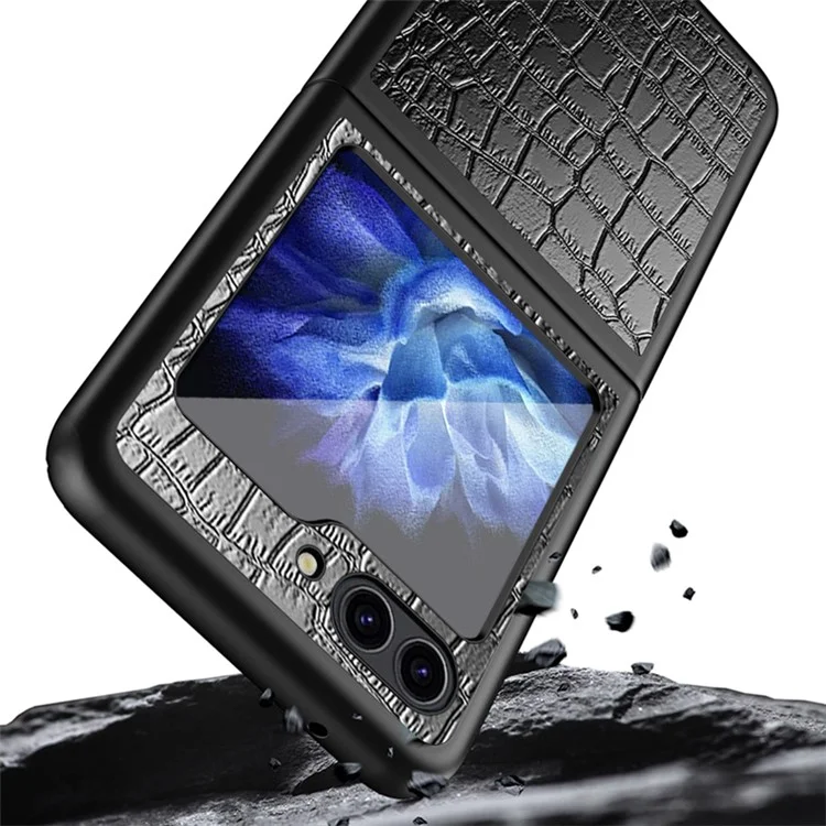 Crocodile Texture Phone Case for Samsung Galaxy Z Flip5 5G PU Leather Hard PC Phone Shell - Black