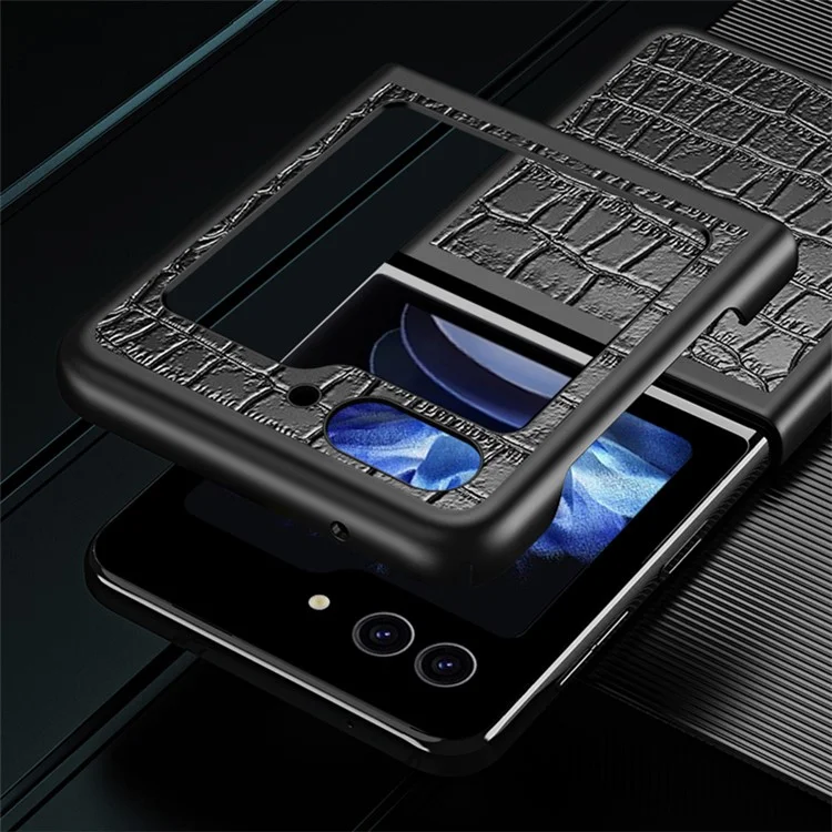 Crocodile Texture Phone Case for Samsung Galaxy Z Flip5 5G PU Leather Hard PC Phone Shell - Black