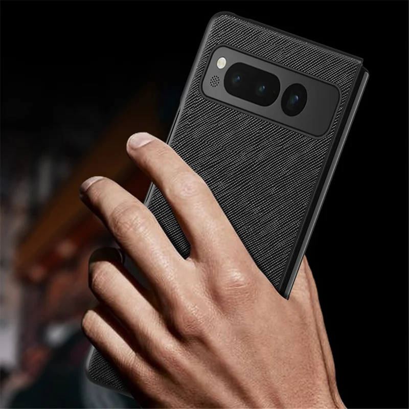 For Google Pixel Fold Cross Texture Rubberized Case PU Leather + Hard PC Shockproof Phone Cover - Red