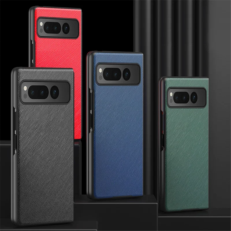 For Google Pixel Fold Cross Texture Rubberized Case PU Leather + Hard PC Shockproof Phone Cover - Red