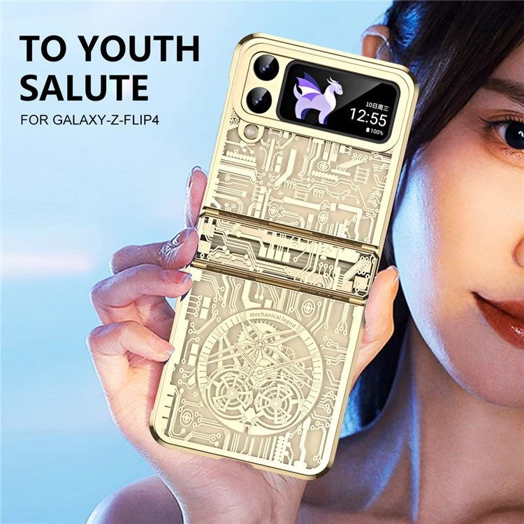 Mechanical Legend Series per Samsung Galaxy Z Flip4 5G Custodia protettiva per telefono in PC rigido con copertura elettroplaccata - Champagne Gold