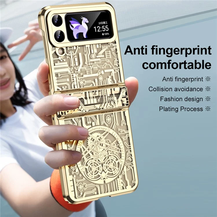 Mechanical Legend Series per Samsung Galaxy Z Flip4 5G Custodia protettiva per telefono in PC rigido con copertura elettroplaccata - Champagne Gold