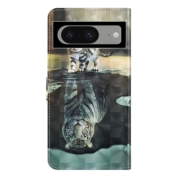 3D Pattern Printing Phone Case for Google Pixel 8 , Wallet Stand PU Leather Cover with Strap - Cat and Tiger