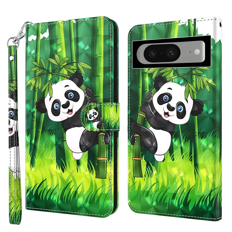 3D Pattern Printing Phone Case for Google Pixel 8 , Wallet Stand PU Leather Cover with Strap - Panda Climbing